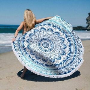 Round Mandala Beach Towel in Blue and White